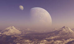 3d 渲染空间艺术: 外星人星球-一个幻想的风景, 雪山