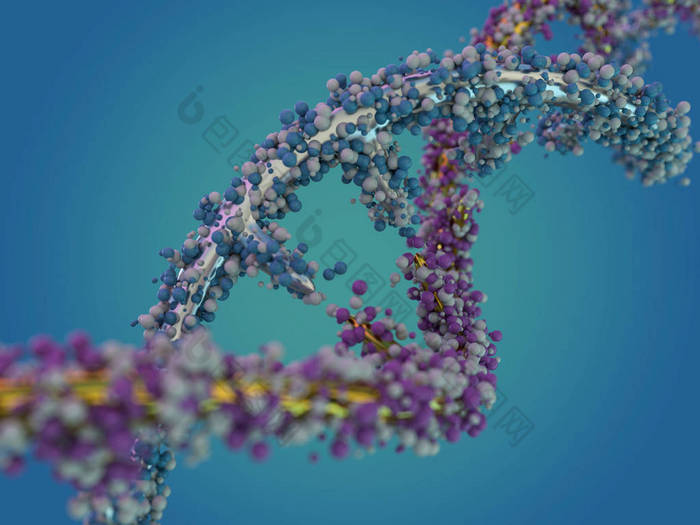 dna 分子位于蓝色背景的前面。抽象拼贴画。3d 渲染