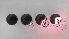 破碎的黑色球体, 内部有红色的光芒, 白色背景上的落片。毁灭的概念。抽象3d 渲染插图. 