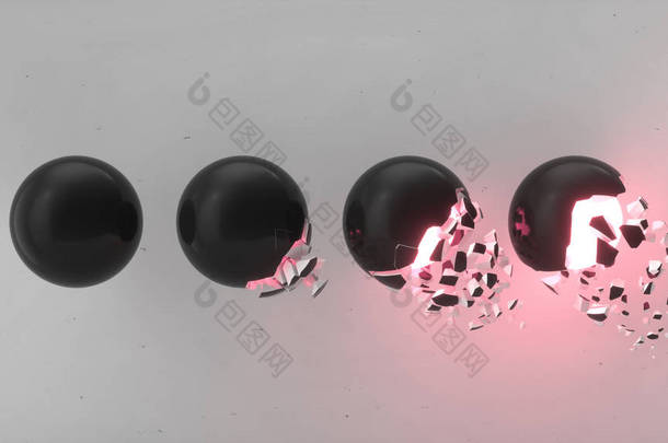 破碎的黑色球体, 内部有红色的光芒, 白色背景上的落片。毁灭的概念。抽象3d 渲染插图. 