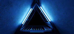 科幻外星高科技充满活力的雷三角形状金属结构与霓虹灯发光紫外线紫色蓝色灯光格朗混凝土隧道走廊空的反射3d 渲染插图