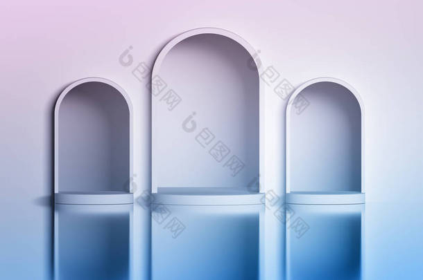 在闪亮的反光表面上的墙上有三个白色拱形的缝隙。蓝色粉红色的图像。3d 插图.