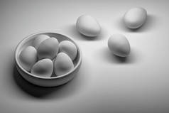 许多白色的鸡蛋放在碗里。白色组合物与蛋和碗在白色背景。3d 插图.