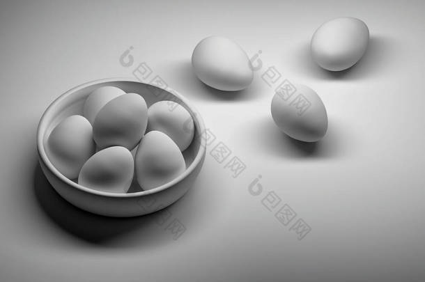许多白色的<strong>鸡蛋</strong>放在碗里。白色<strong>组合</strong>物与蛋和碗在白色背景。3d 插图.