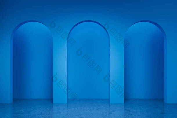 空房间的内部有蓝色的墙壁, 里面有三个拱门和水泥地板。<strong>室内设计</strong>的概念。3d 渲染