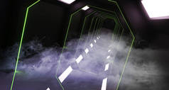 科学保维奇外星船现代未来主义绿色条纹霓虹灯金属空雾烟雾走廊隧道与白光背景3d 渲染插图