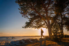 冬季日落时, 爱沙尼亚南部佩普西湖附近的年轻人站在湖岸的树下