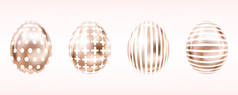 四个一目了然的金属鸡蛋粉红色的条纹, 条纹, 圆点。复活节装饰的隔离对象