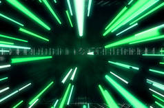 在音乐会舞台上挂在脚手架上的绿色荧光灯的集合-3d 渲染