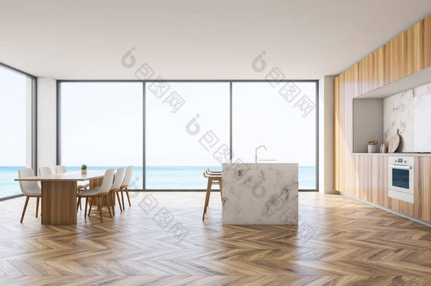 全景厨房的内部, 有白色的墙壁, 木地板, 大理石酒吧与凳子, 木制台面和木桌与白色椅子。3d 渲染