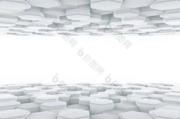 3d 渲染。白色拷贝空间在未来主义六角形瓷砖样式之间背景.