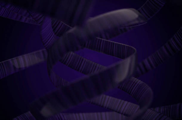 动画旋转, 紫色交织螺旋在黑色背景, 无缝循环。弯曲闪烁的宽线条流动和旋转.