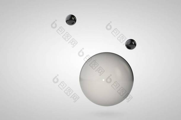 黑白球的3d插图，一个大球和两个小球。空中的球体，在白色<strong>背景</strong>上隔离。<strong>抽象</strong>的 3d 呈现。带有几何圆形物体的空间.