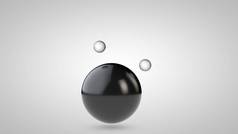 黑球的3d插图，一个大球和两个小球。球体在空气中，隔离在白色背景上。抽象的 3d 呈现。带有几何对象的空间.