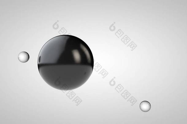 黑球的3d插图，一个大球和两个小球。球体在空气中，隔离在白色<strong>背景</strong>上。<strong>抽象</strong>的 3d 呈现。带有几何对象的空间.