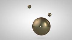3d 插图青铜，黄金，闪亮的球，一个大和两个小球。空中的球体，在白色背景上隔离。抽象的 3d 呈现。带有几何圆形物体的空间.