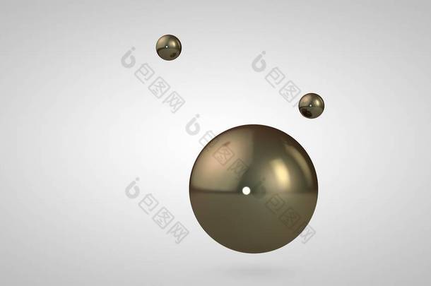 3d 插图青铜，黄金，闪亮的球，一个大和两个小球。空中的<strong>球体</strong>，在白色背景上隔离。<strong>抽象</strong>的 3d 呈现。带有几何圆形物体的空间.