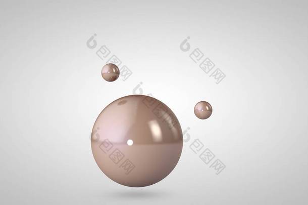 粉红色，闪亮的球，一个大和两个小球的3d插图。空中的球体，在白色<strong>背景</strong>上隔离。<strong>抽象</strong>的 3d 呈现。带有几何圆形物体的空间.
