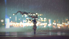 神秘的女人与伞在雨夜, 数字艺术风格, 插图绘画