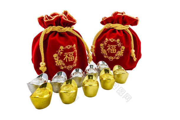 中国金锭、红色织物或真丝袋的装饰是