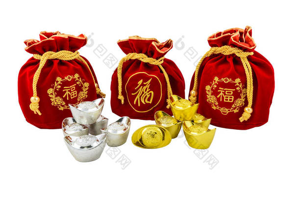 中国金锭、红色织物或真丝袋的装饰是