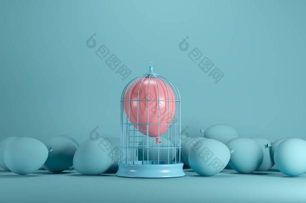 粉红色的<strong>气球漂浮</strong>在蓝色背景的白色笼子里。最小的概念概念.