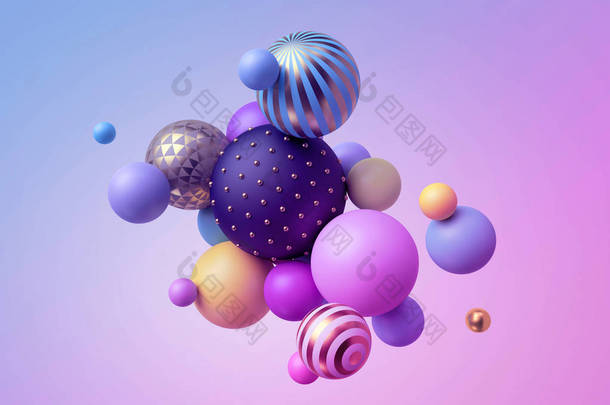 3d 渲染, 抽象的粉彩球, 粉红色的蓝色气球, 几何背景, 多彩多姿的原始形状, 简约设计, 粉彩色彩调色板, 派对装饰, 塑料玩具, 孤立元素