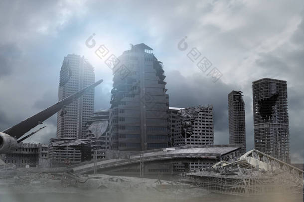 被摧毁的后世界末日城市3d 渲染的看法