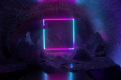 抽象背景，方形入口，发光线隧道霓虹灯