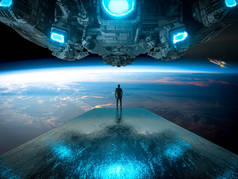 宇航员站在发光的宇宙飞船下在开放空间 