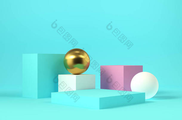 带有金色球体的几何粉红色和蓝色形状。抽象背景。3d 渲染.