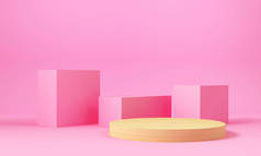 粉红色几何形状，带有木制圆柱形讲台。抽象柔和的颜色背景。装饰元素背景。3d 渲染.