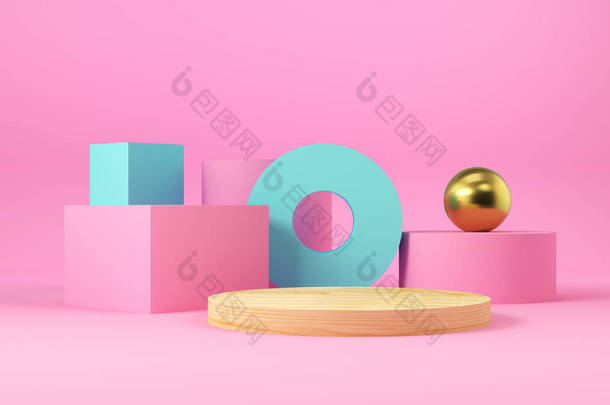 几何粉红色和蓝色形状，金色球体和圆柱形木制讲台。抽象背景。3d 渲染.