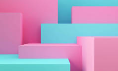 粉红色和蓝色几何形状。抽象柔和的颜色背景。装饰元素背景。3d 渲染.