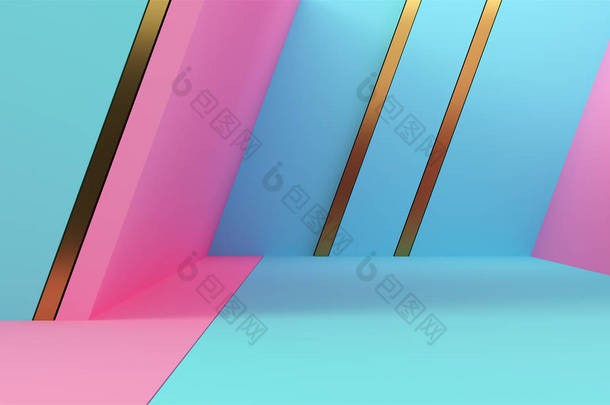 粉红色和蓝色几何形状与金色线条。抽象柔和的颜色背景。装饰元素背景。3d 渲染.