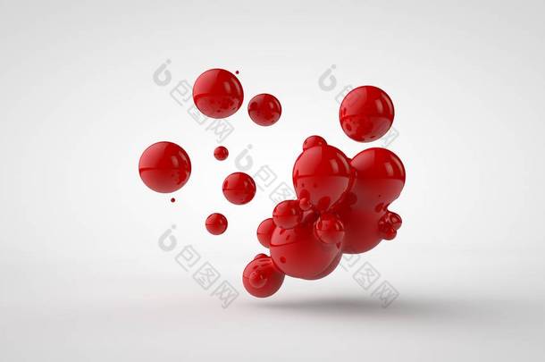 3d渲染多个滴的红色液体看起来像血液，果汁。不同形状的<strong>掉</strong>落，不同大小的<strong>掉</strong>落，随机排列在空间中，在白色背景上隔离。3d 插图
