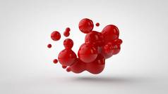 3d渲染多个滴的红色液体看起来像血液，果汁。不同形状的掉落，不同大小的掉落，随机排列在空间中，在白色背景上隔离。3d 插图