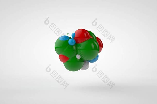 3d 渲染许多绿色、红色、蓝色和白色的彩色球。球体随机位于空间中，具有不同的大小和不同的颜色。3d 插图隔离在白色<strong>背景</strong>上