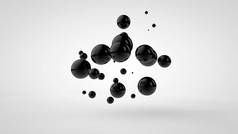 黑色油滴在白色背景上随机间隔和隔离的 3d 插图。3d 渲染，混乱和混乱的抽象图像.