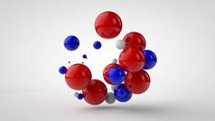 一组不同大小的多种颜色球的 3d 插图。红色、蓝色和白色球体隔离在白色背景上。抽象图像，3D 渲染