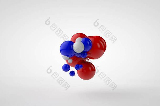 一组不同大小的多种颜色球的 3d 插图。红色、蓝色和白色球体隔离在白色<strong>背景</strong>上。<strong>抽象</strong>图像，3D 渲染