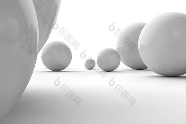 白色大球体和许多小球在白色表面上的 3d 插图。美的概念。空间几何的比较图像。在白色背景上隔离的 3d 渲染.