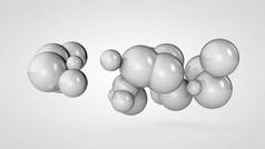 3d 插图许多白色球在空间，随机排列。相互连接的圆形物体的抽象图像。隔离在白色背景上。3d 渲染