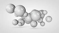 3d 插图许多白色球在空间，随机排列。相互连接的圆形物体的抽象图像。隔离在白色背景上。3d 渲染