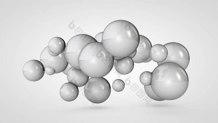 3d 插图许多白色球在空间，随机排列。相互连接的圆形物体的抽象图像。隔离在白色背景上。3d 渲染