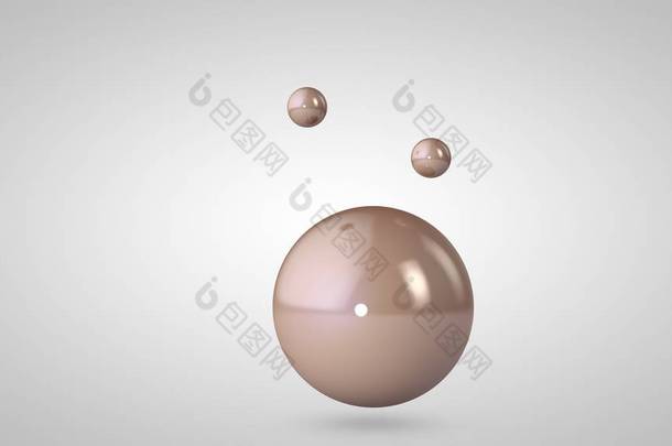 粉红色，闪亮的球，一个大和两个小球的3d插图。空中的球体，在白色背景上隔离。抽象的 3d 呈现。带有几何圆形物体的空间.
