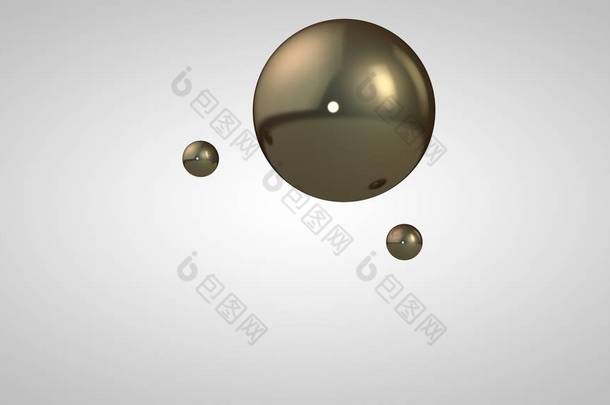 3d 插图青铜，黄金，闪亮的球，一个大和两个小球。空中的球体，在白色<strong>背景</strong>上隔离。抽象的 3d 呈现。带有几何圆形物体的空间.