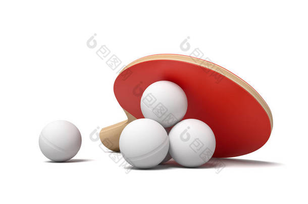 几个乒乓球形成小<strong>金字</strong>塔与球拍和一个球躺在白色背景的3d特写渲染.