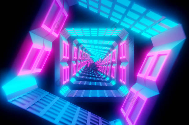 飞过发光旋转的霓虹灯<strong>方块</strong>，形成隧道，蓝色红色粉红色紫罗兰光谱，荧光紫外线，现代五颜六色的照明，3D插图