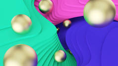 抽象背景。金色的球在绿色、粉红色和蓝色台阶上滚动。迷幻现实和平行的世界。3d 插图